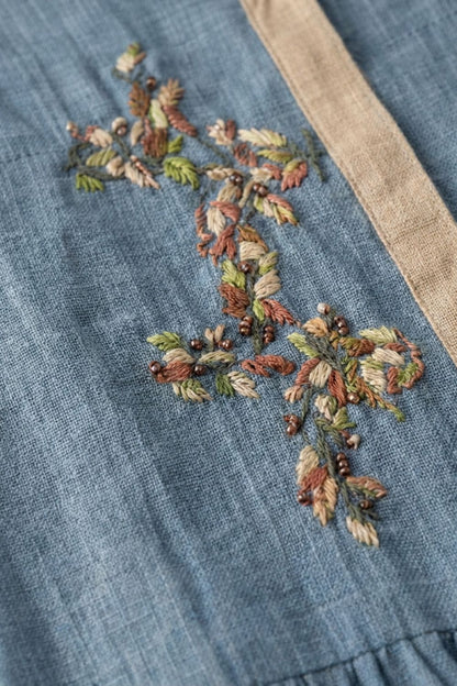 Women's Linen Midi Dress in Mustard Yellow with Embroidery and 3/4 Sleeves