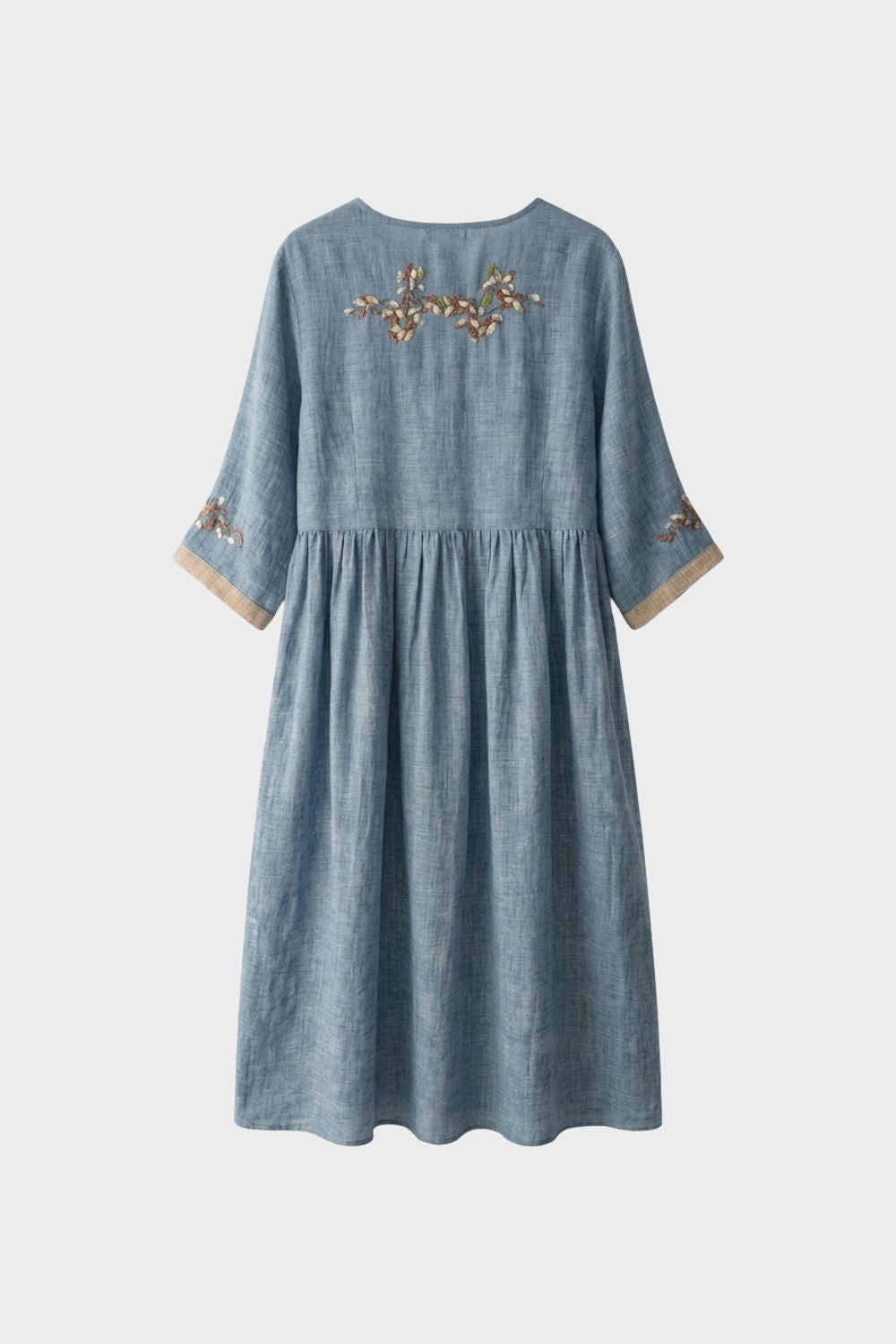 Women's Linen Midi Dress in Mustard Yellow with Embroidery and 3/4 Sleeves