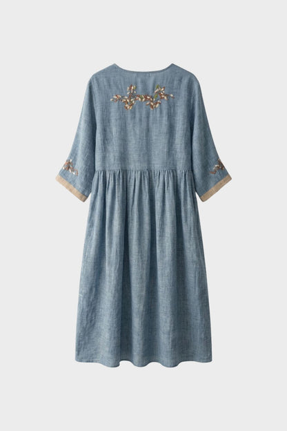 Women's Linen Midi Dress in Mustard Yellow with Embroidery and 3/4 Sleeves