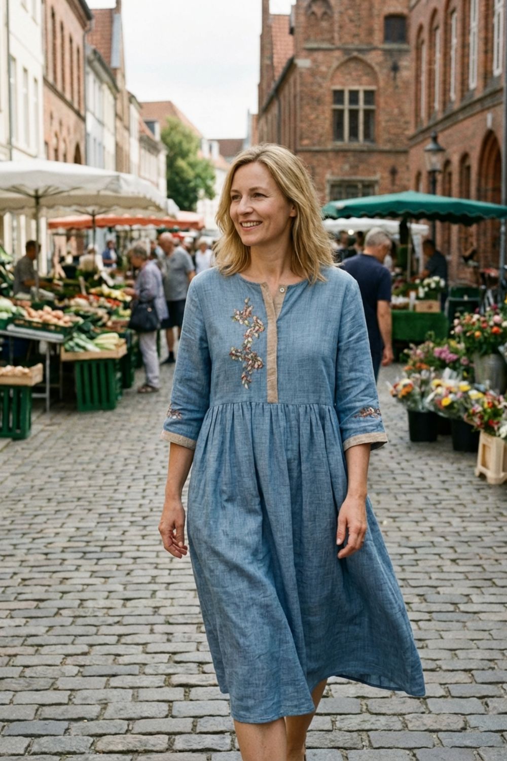 Women's Linen Midi Dress in Mustard Yellow with Embroidery and 3/4 Sleeves