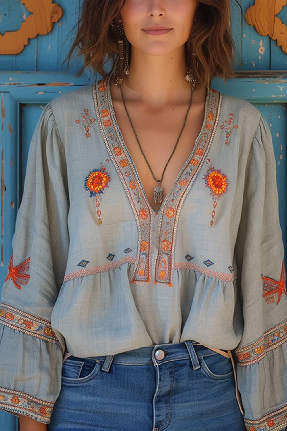 Women's Boho Blouse in Light Blue with Embroidery and V-Neck