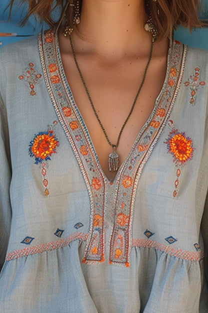 Women's Boho Blouse in Light Blue with Embroidery and V-Neck