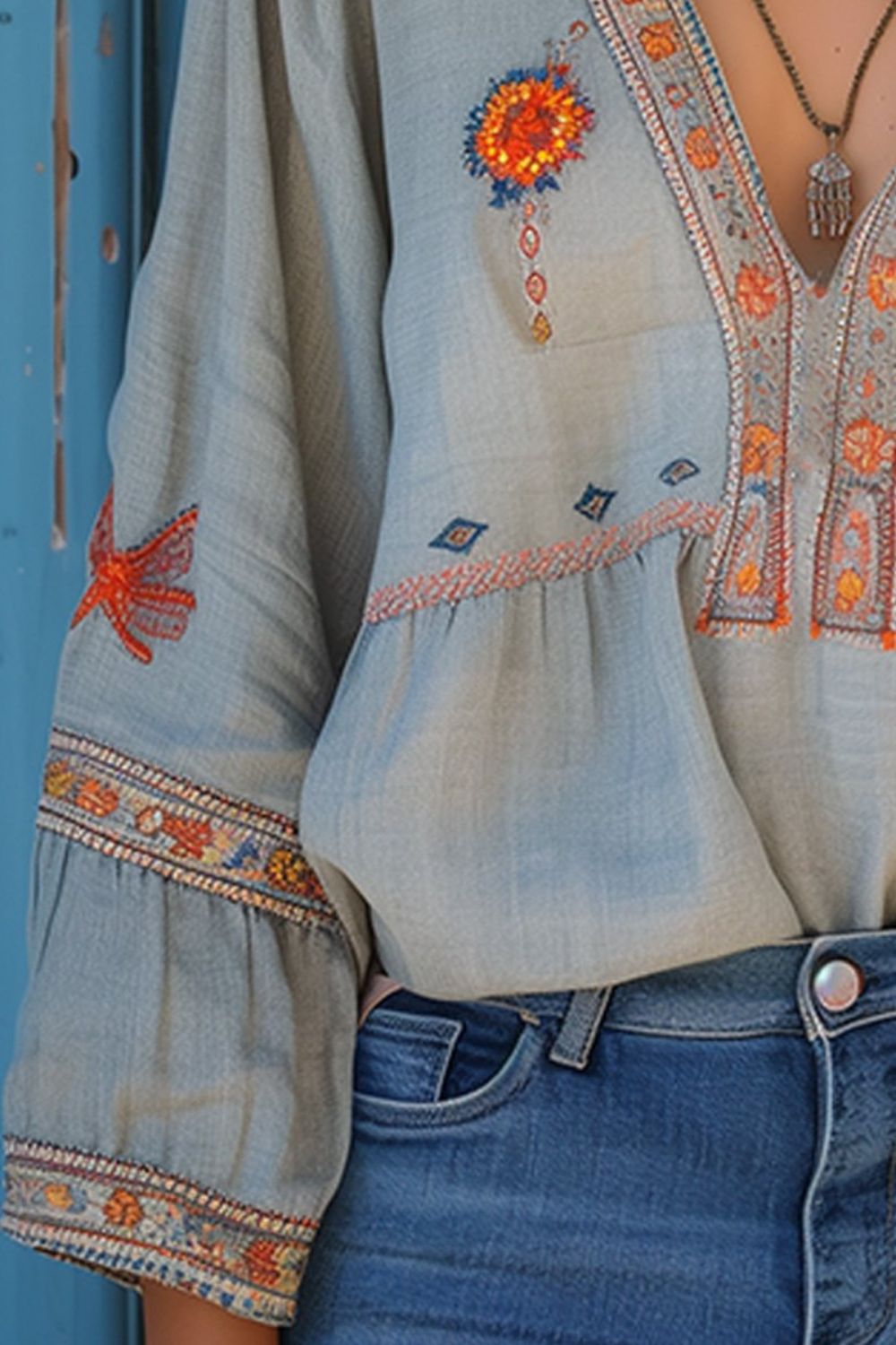 Women's Boho Blouse in Light Blue with Embroidery and V-Neck