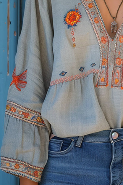 Women's Boho Blouse in Light Blue with Embroidery and V-Neck