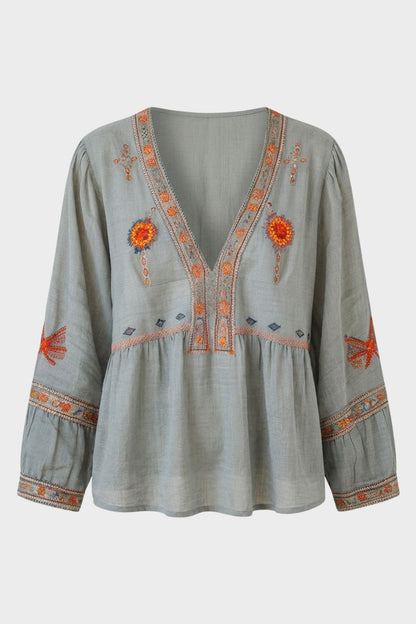 Women's Boho Blouse in Light Blue with Embroidery and V-Neck