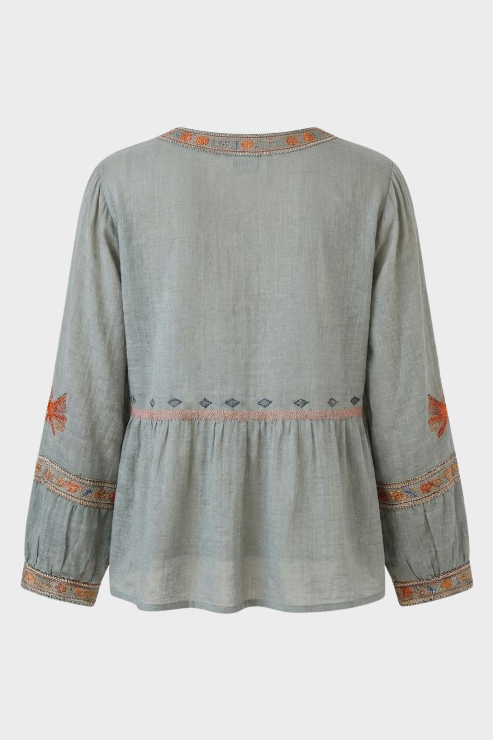 Women's Boho Blouse in Light Blue with Embroidery and V-Neck