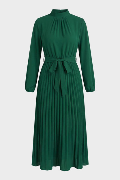 Midi Dress for Women Pleated with Long Sleeves and Belt
