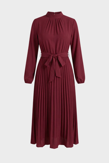Midi Dress for Women Pleated with Long Sleeves and Belt