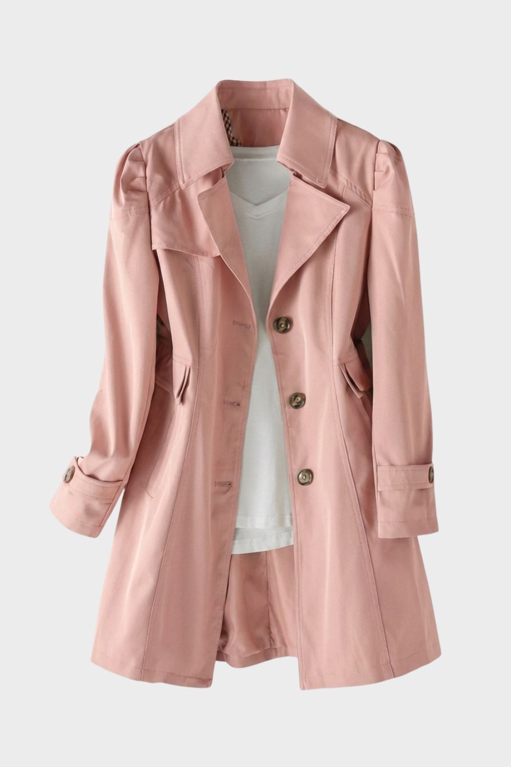 Women's Trench Coat with Notched Collar and Button Placket