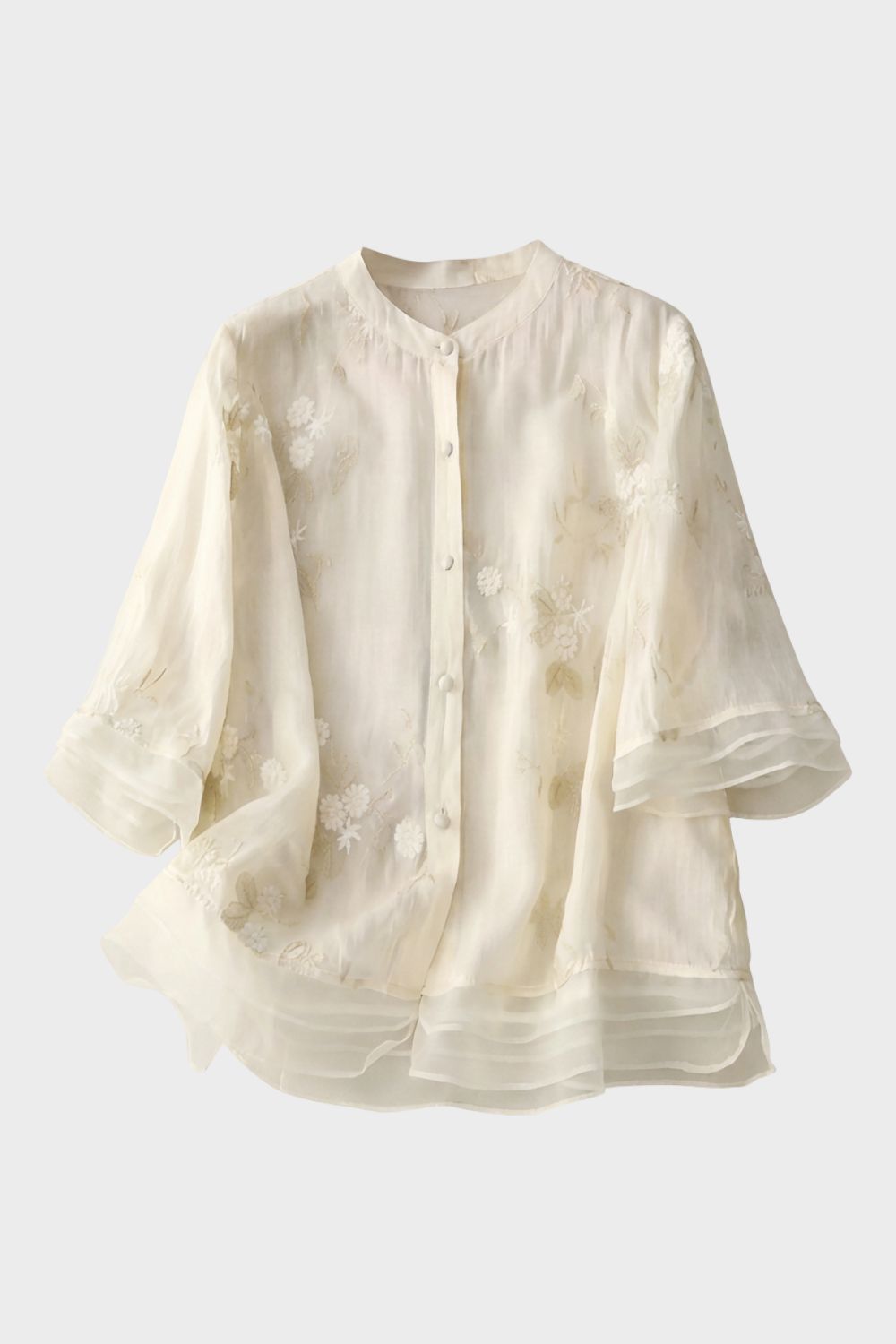 womens embroidered button blouse long sleeve elegant lightweight top | Camden-London