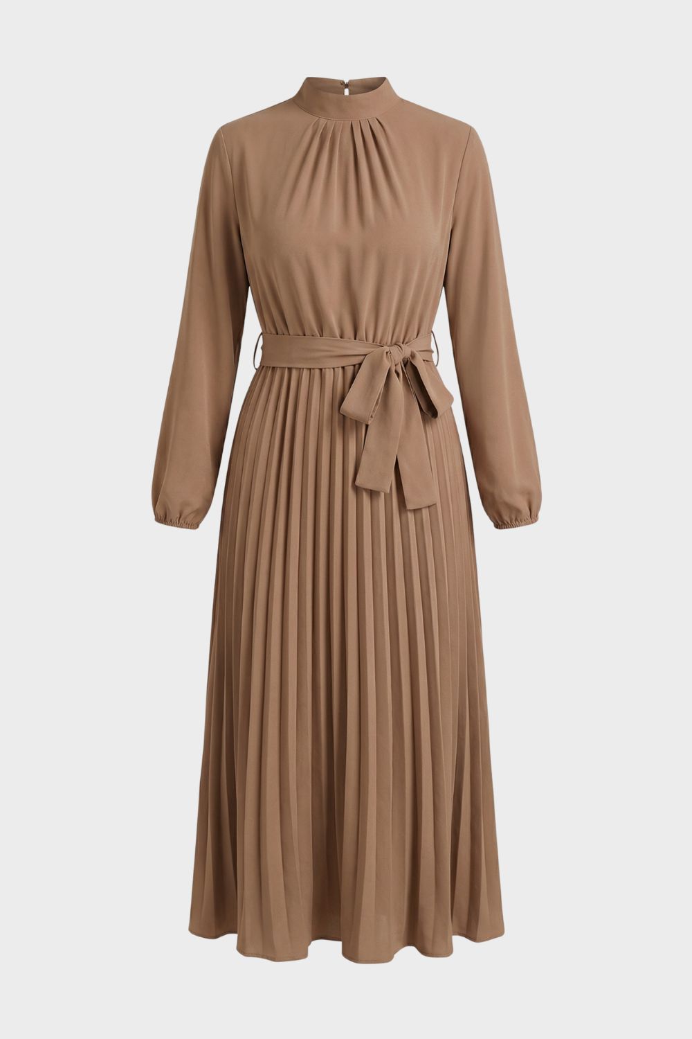 Midi Dress for Women Pleated with Long Sleeves and Belt