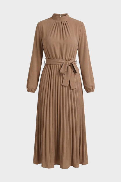Midi Dress for Women Pleated with Long Sleeves and Belt