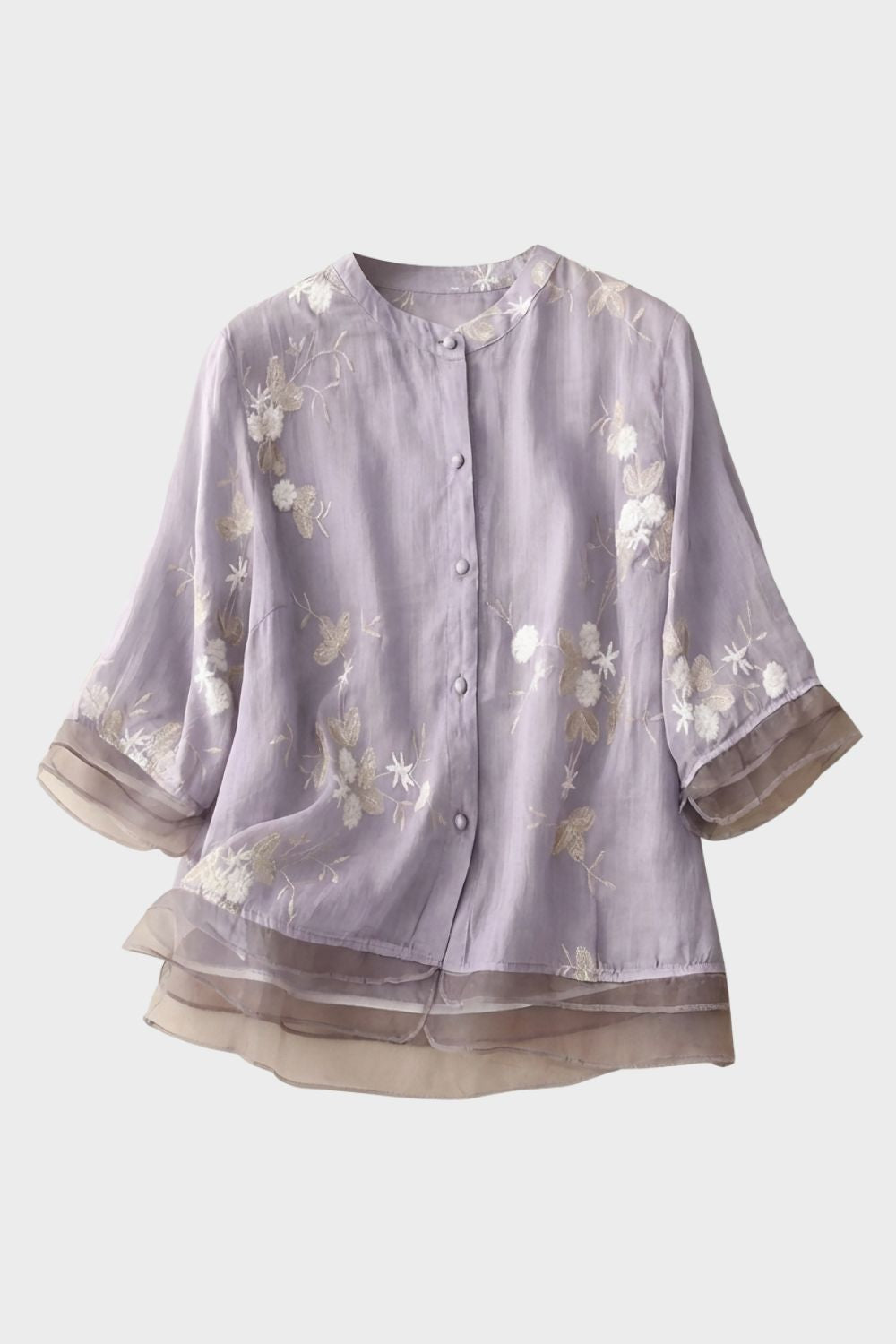 womens embroidered button blouse long sleeve elegant lightweight top | Camden-London