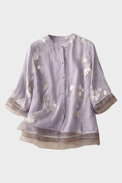 womens embroidered button blouse long sleeve elegant lightweight top | Camden-London