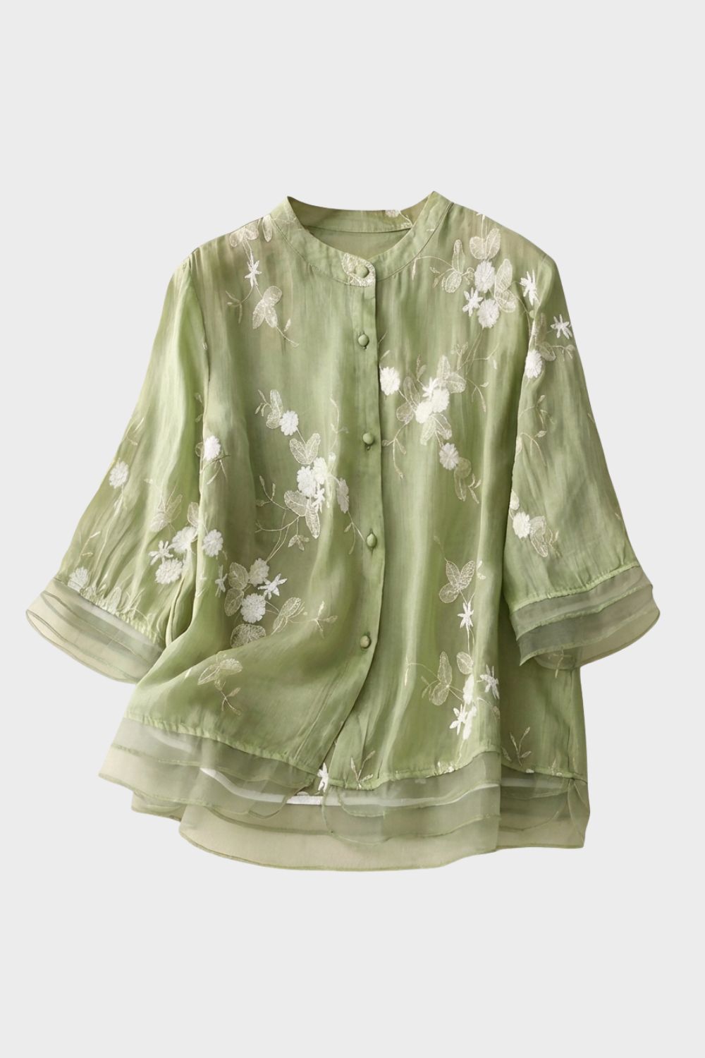 womens embroidered button blouse long sleeve elegant lightweight top | Camden-London