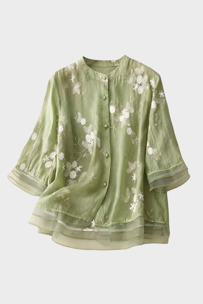 womens embroidered button blouse long sleeve elegant lightweight top | Camden-London