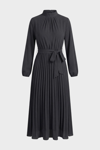 Midi Dress for Women Pleated with Long Sleeves and Belt