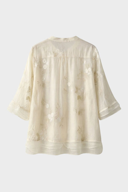 womens embroidered button blouse long sleeve elegant lightweight top | Camden-London