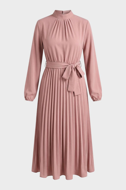 Midi Dress for Women Pleated with Long Sleeves and Belt