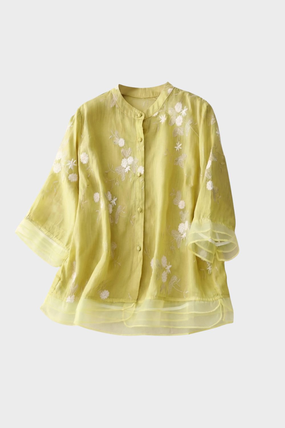 womens embroidered button blouse long sleeve elegant lightweight top | Camden-London