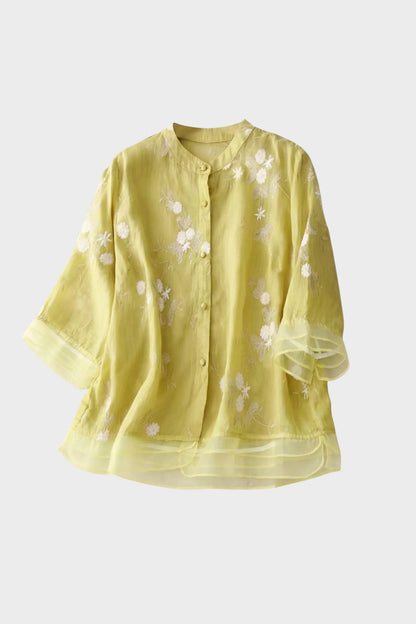 womens embroidered button blouse long sleeve elegant lightweight top | Camden-London