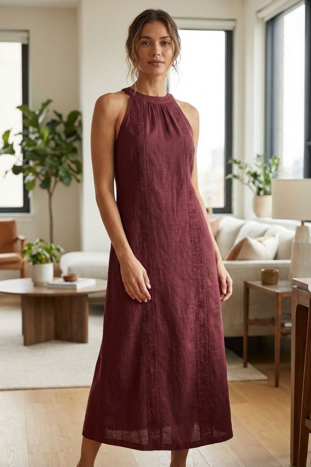 Women's Lace-Trim Linen Maxi | Slit