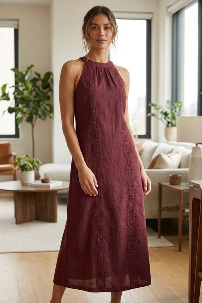 Women's Lace-Trim Linen Maxi | Slit