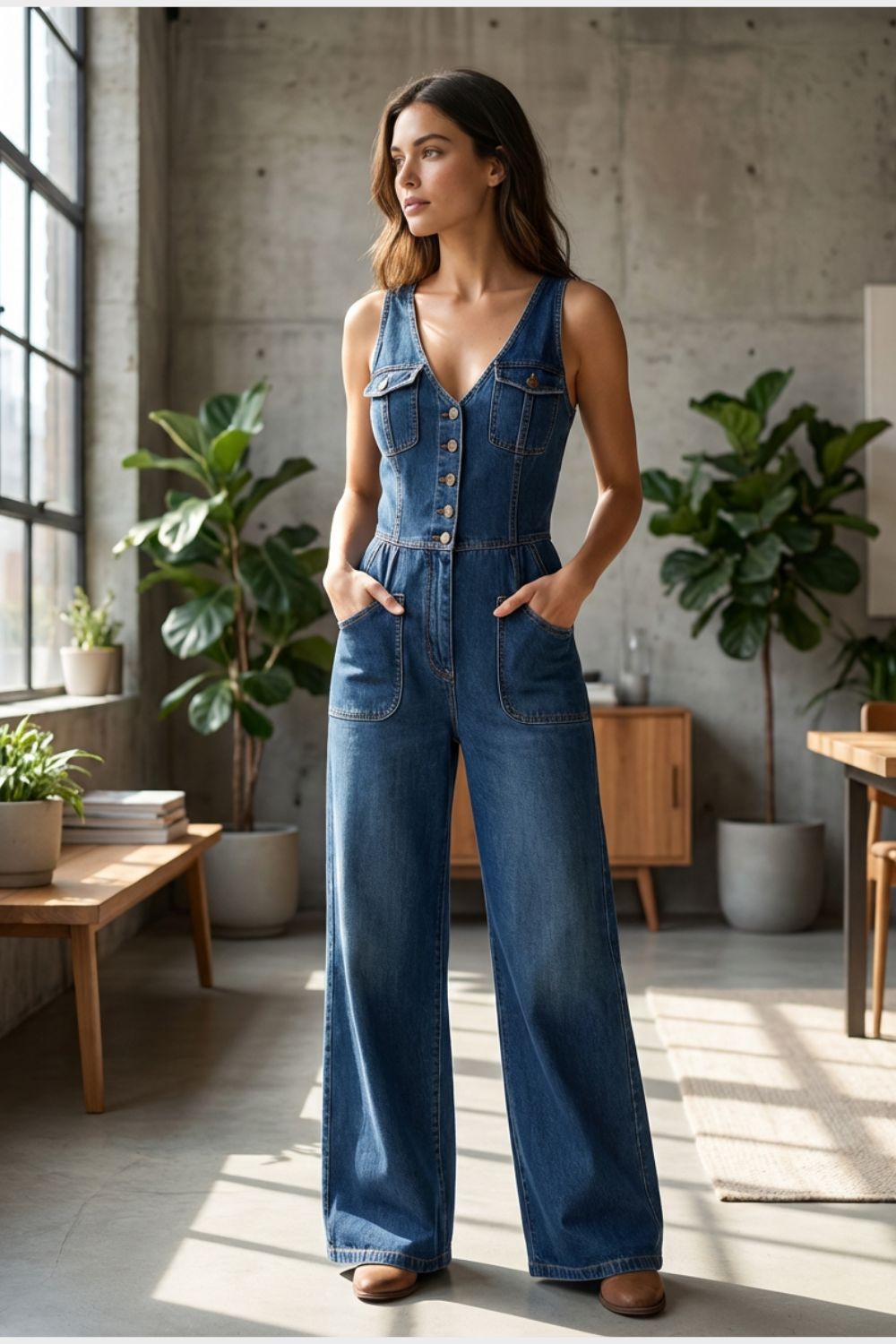 Women's Denim Jumpsuit | Wide-Leg