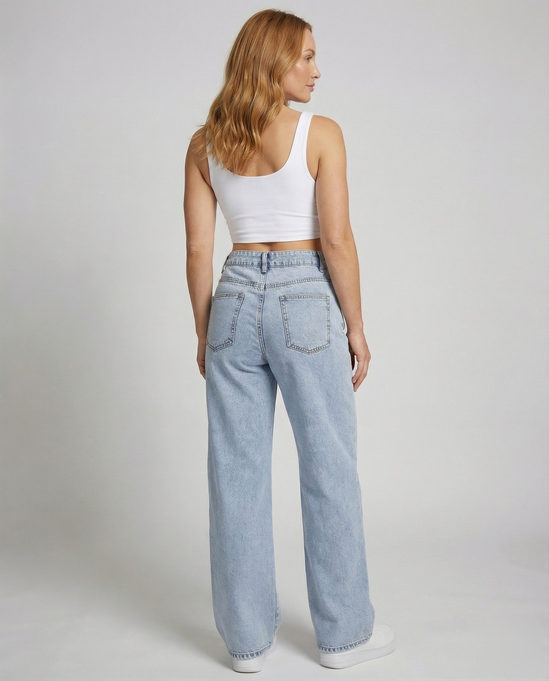 Women's high waist wide leg jeans in blue vintage wash with five-pocket flare denim styling – 4