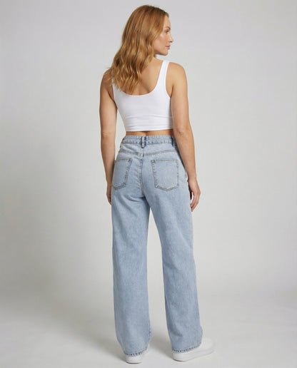 Women's high waist wide leg jeans in blue vintage wash with five-pocket flare denim styling – 4
