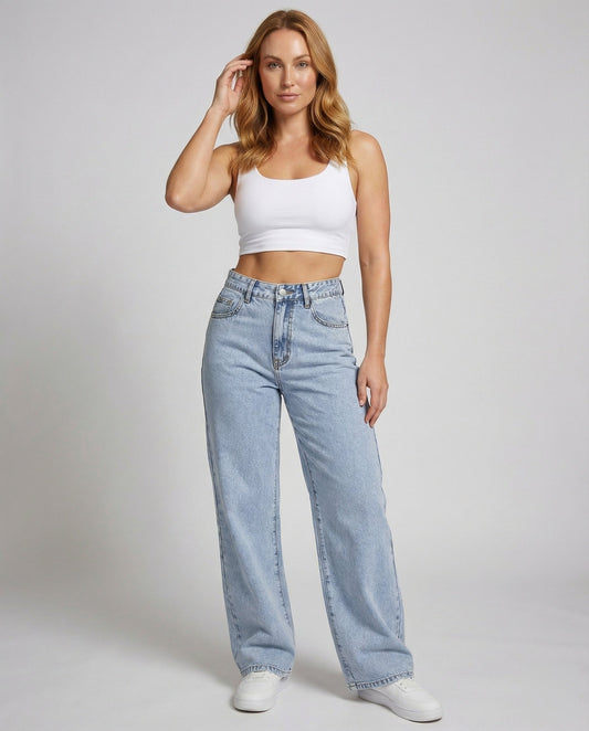 Women's high waist wide leg jeans in blue vintage wash with five-pocket flare denim styling