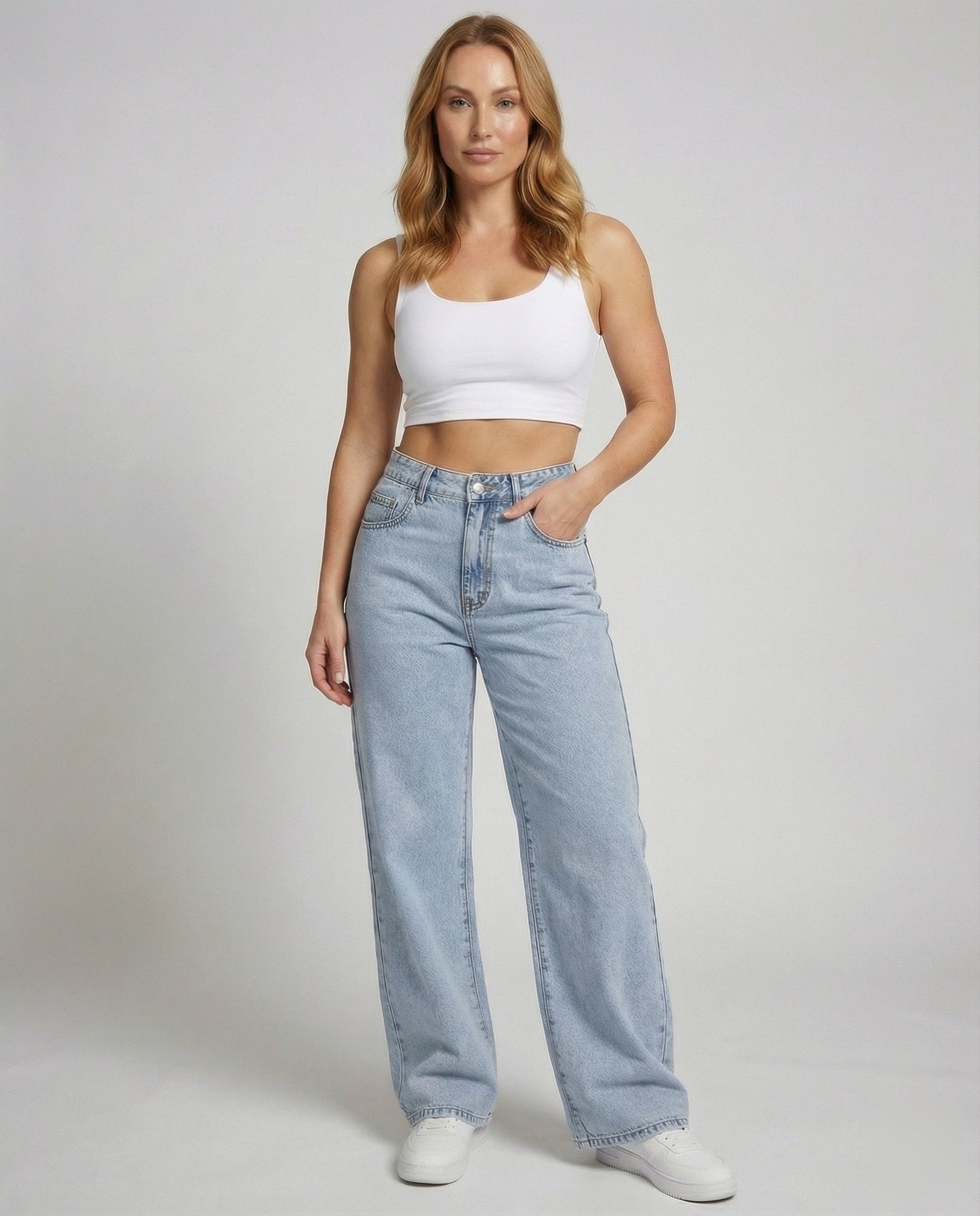 Women's high waist wide leg jeans in blue vintage wash with five-pocket flare denim styling – 2