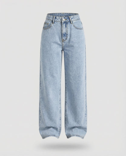 Women's high waist wide leg jeans in blue vintage wash with five-pocket flare denim styling – 5