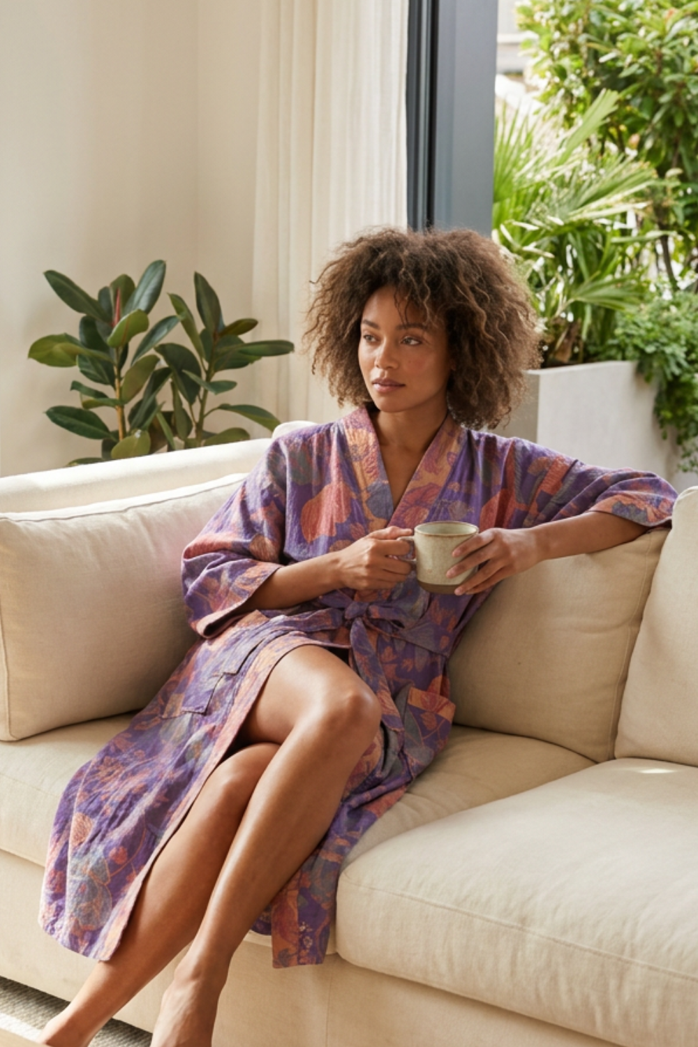 Kimono Women's Bathrobe with Belt and Pattern Knee-Length
