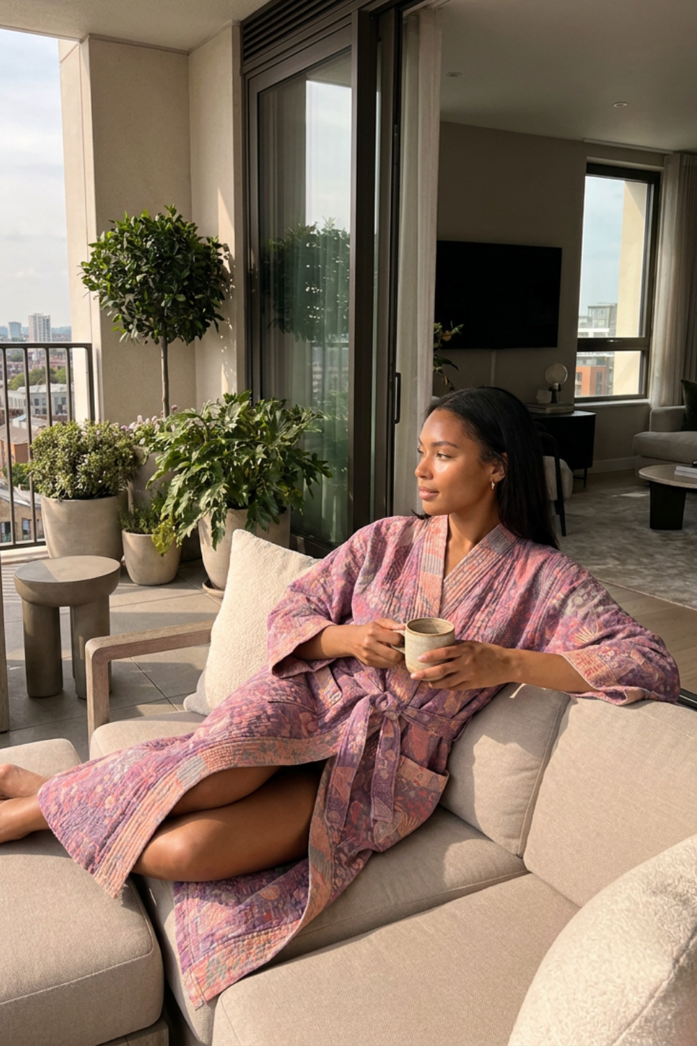 Kimono Women's Bathrobe with Belt and Pattern Knee-Length