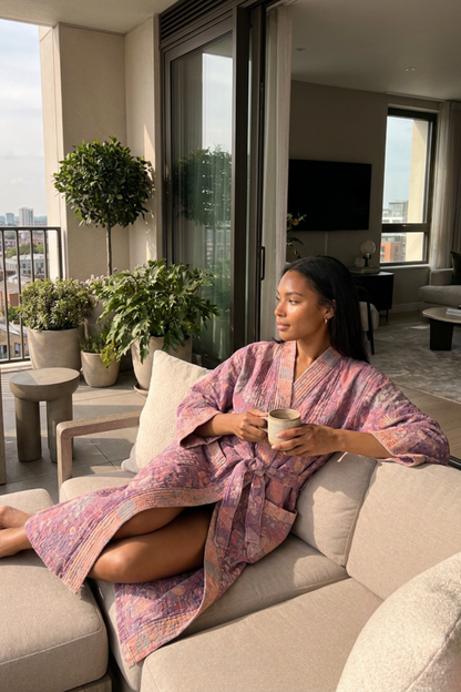 Kimono Women's Bathrobe with Belt and Pattern Knee-Length