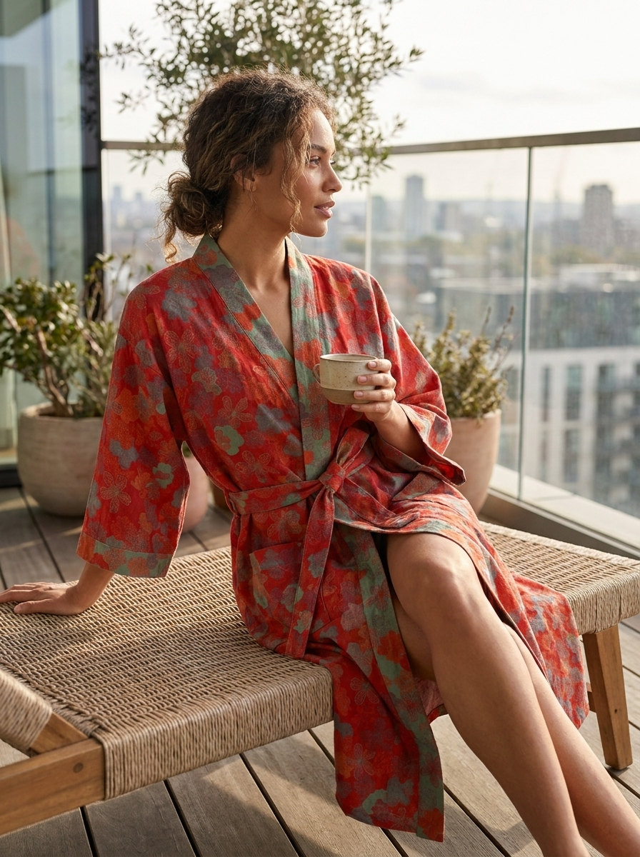 Kimono Women's Bathrobe with Belt and Pattern Knee-Length