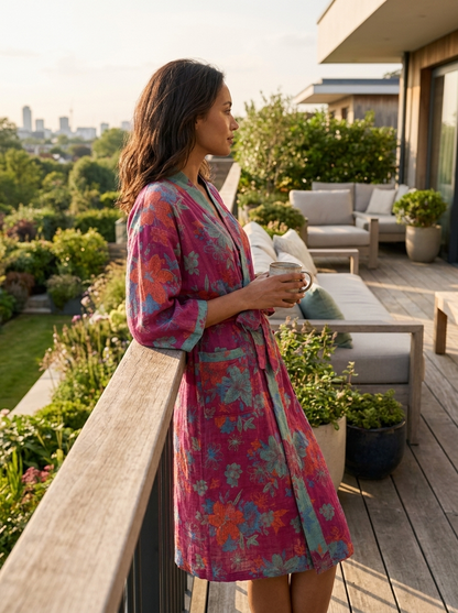 Kimono Women's Bathrobe with Belt and Pattern Knee-Length