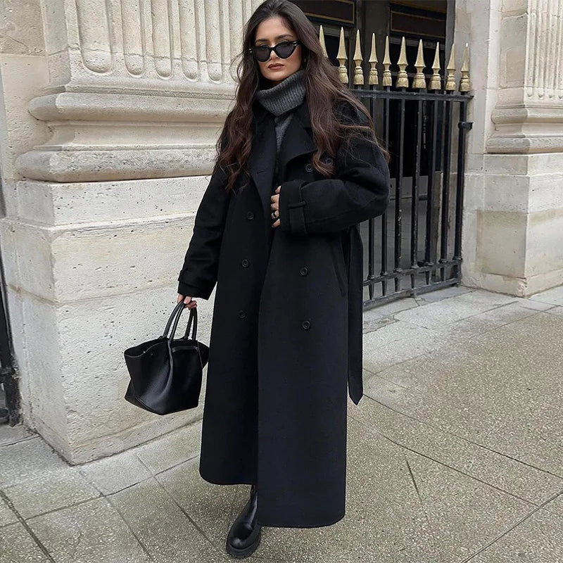 Women's oversized double-breasted trench coat with waist belt and notched collar – 8