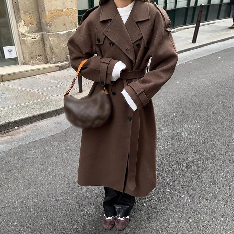 Women's oversized double-breasted trench coat with waist belt and notched collar – 7