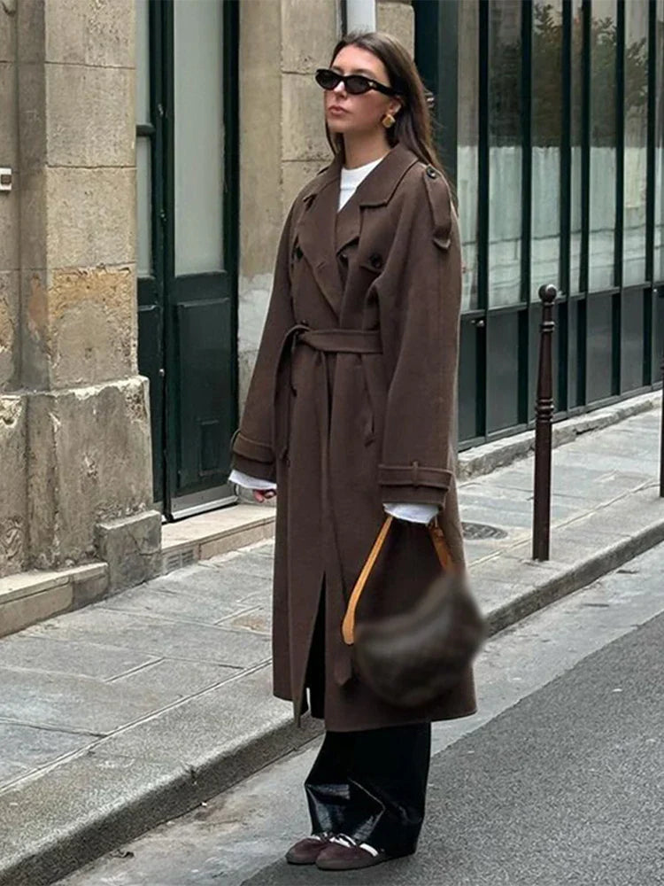 Women's oversized double-breasted trench coat with waist belt and notched collar – 4