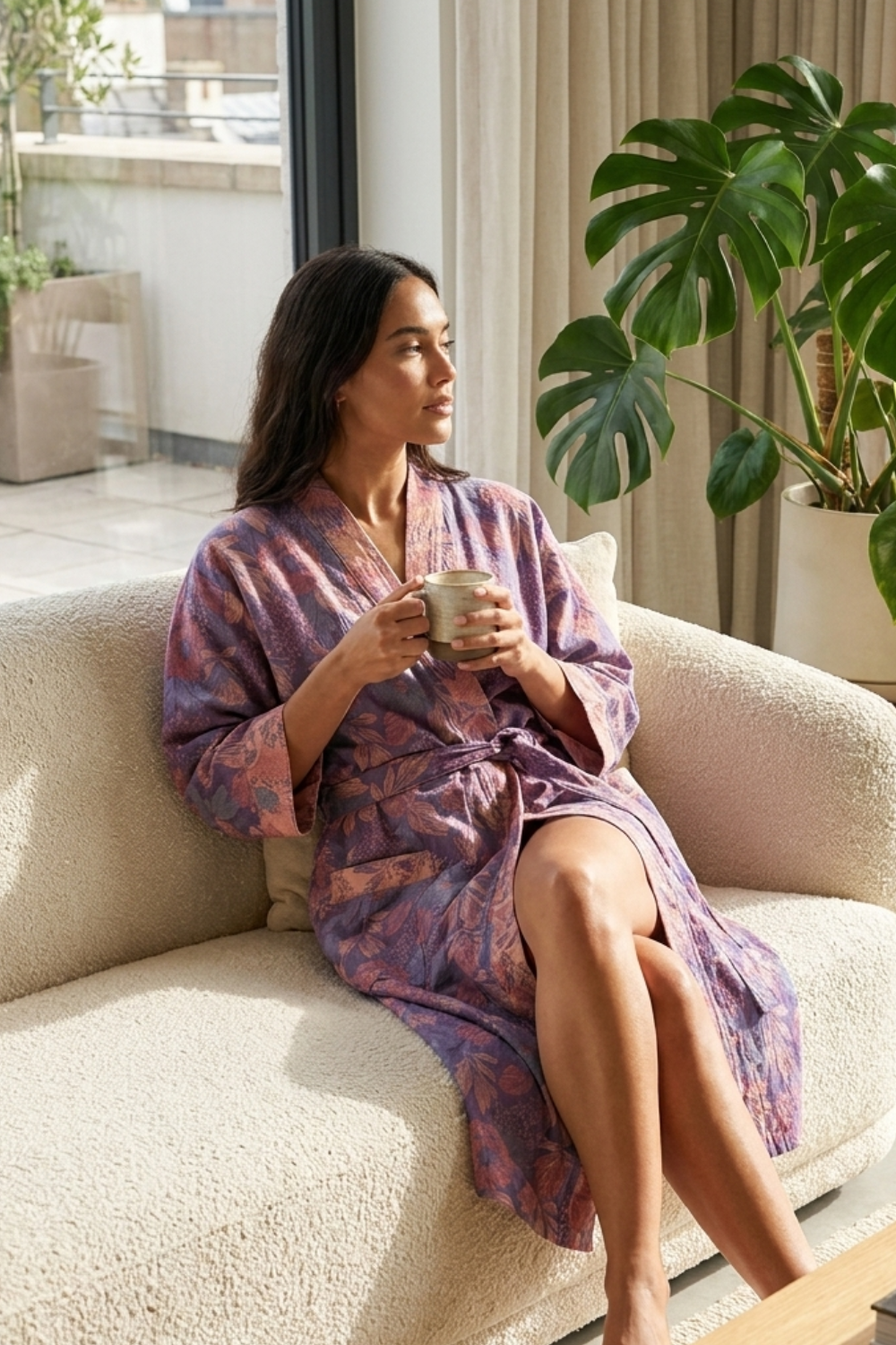 Kimono Women's Bathrobe with Belt and Pattern Knee-Length