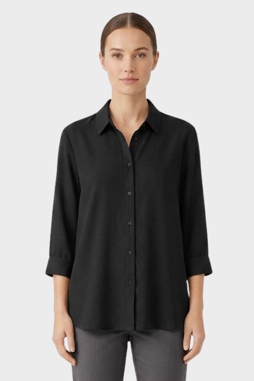 Women's White Long Sleeve Blouse with Collar and Button Placket