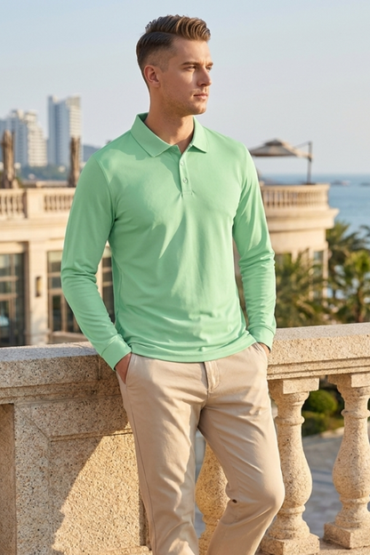 Men's Long Sleeve Polo Shirt with Button Placket