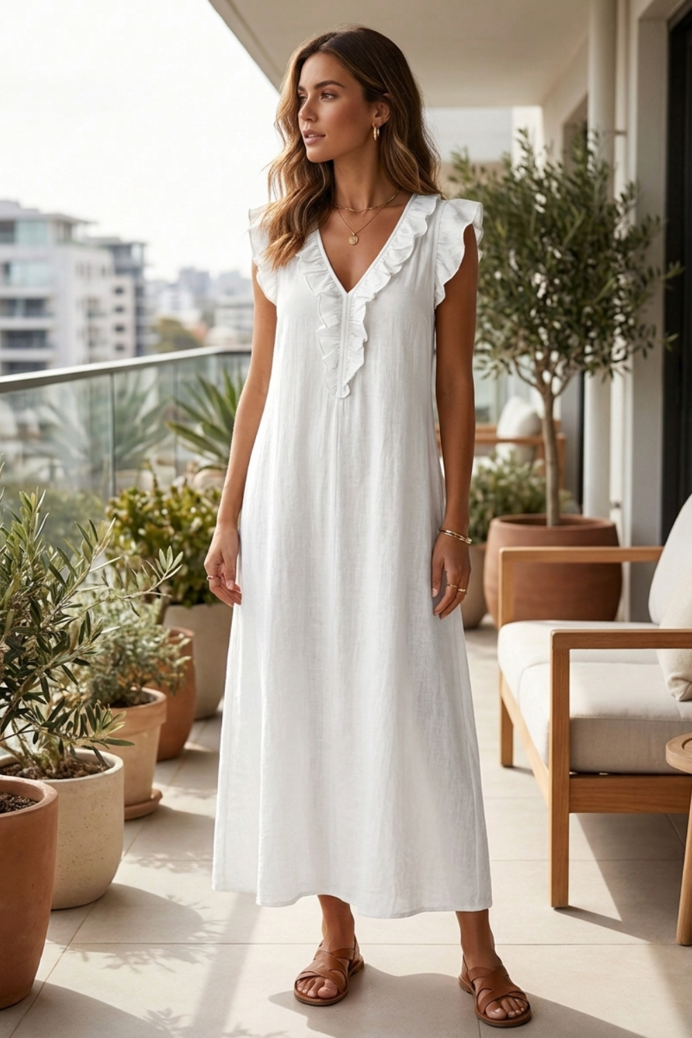 Women's Linen-Look Maxi Dress | Ruffle