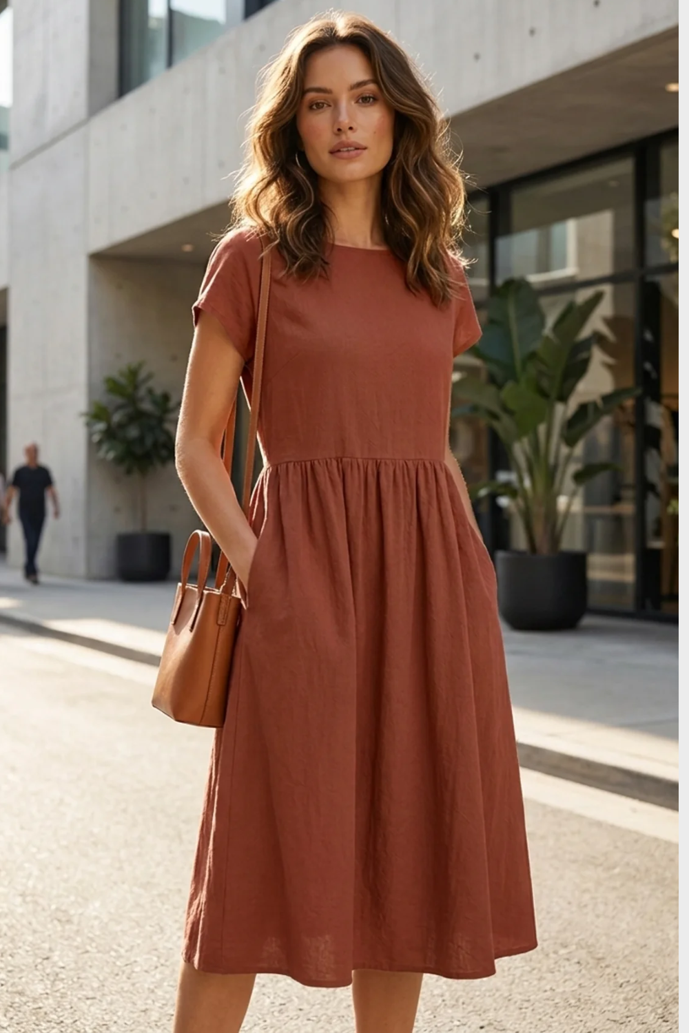 Midi Dress for Women Short Sleeve with Round Neck