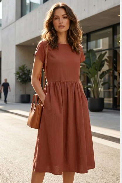 Midi Dress for Women Short Sleeve with Round Neck