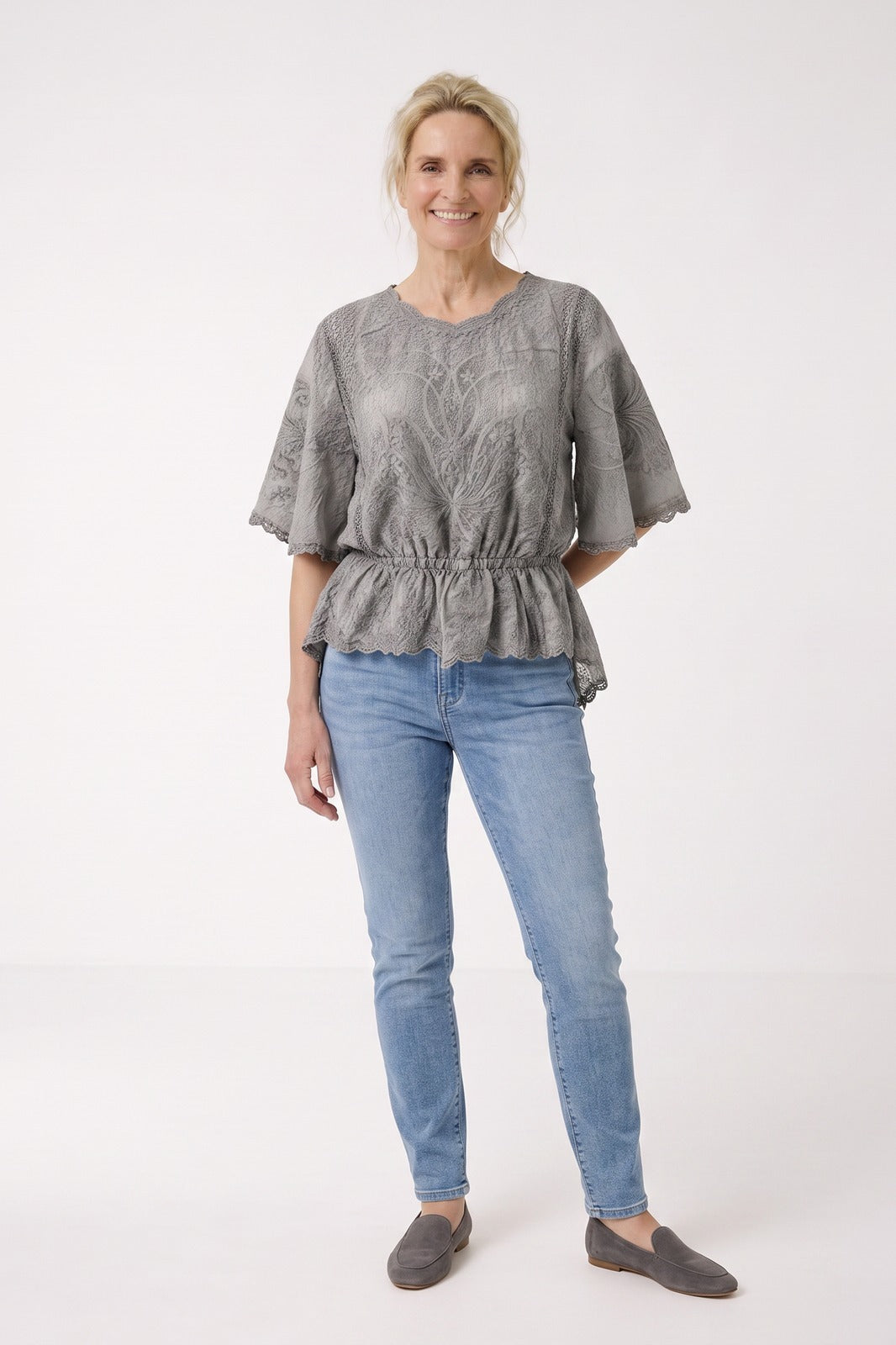 Women's Scalloped Lace Blouse | Peplum Hem