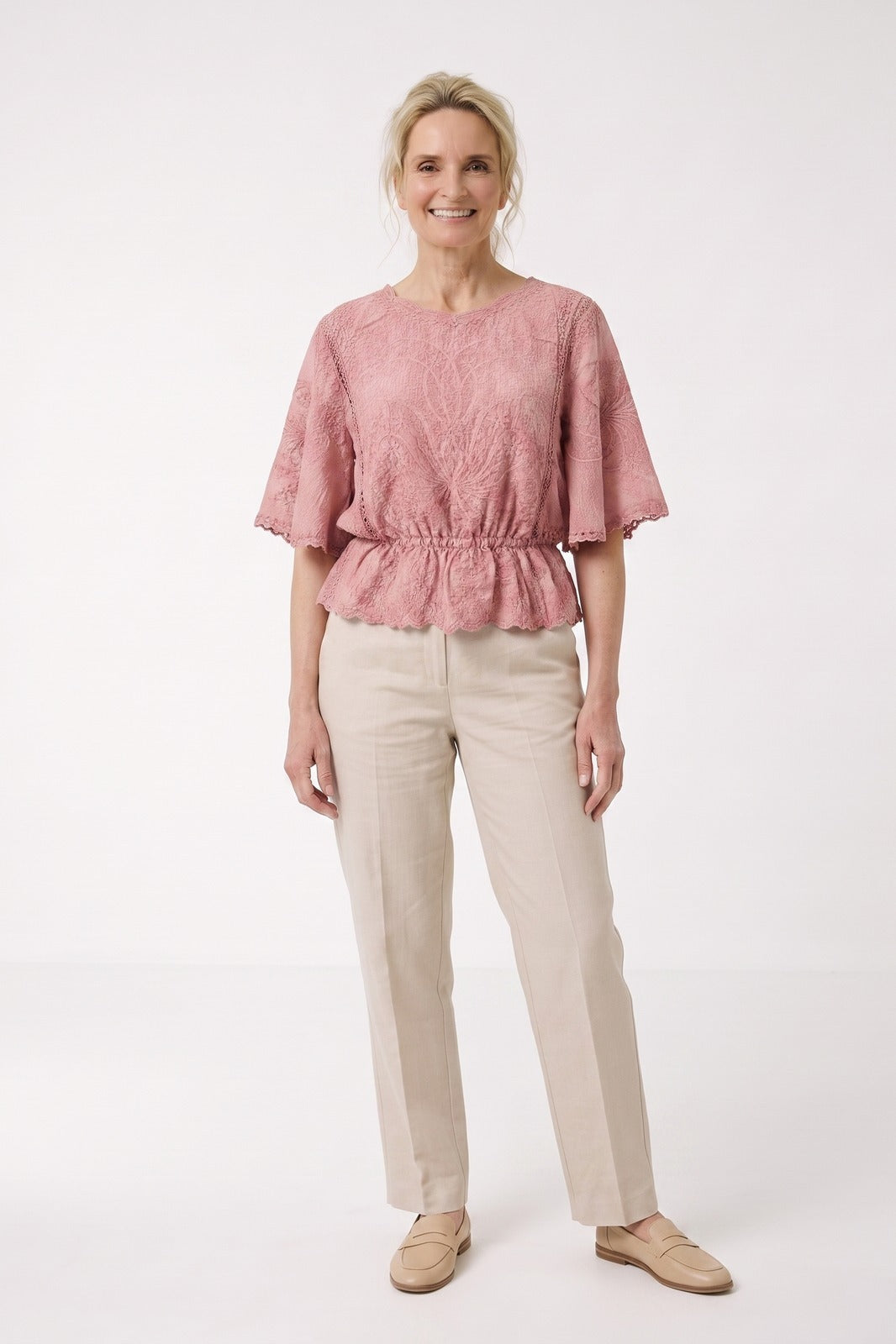 Women's Scalloped Lace Blouse | Peplum Hem