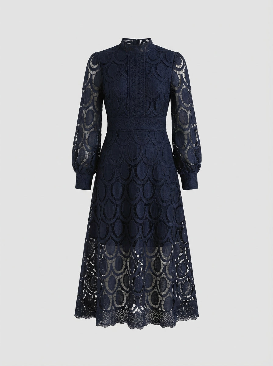 Lace Dress for Women with Stand-Up Collar and Long Sleeves